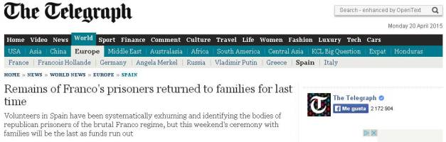 Recorte del Telegraph británico, que el sábado dedicaba un extenso reportaje al acto, con entrevista incluida a la nieta de Celedonio Molina